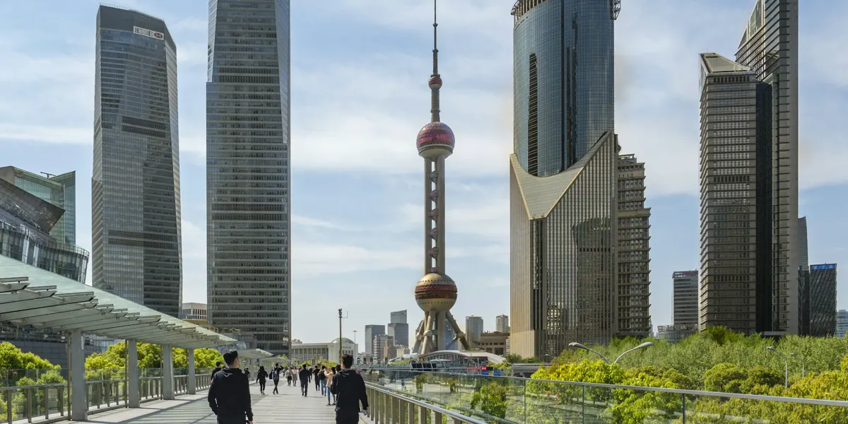 The Lujiazui elevated walkway among office towers in Shanghai