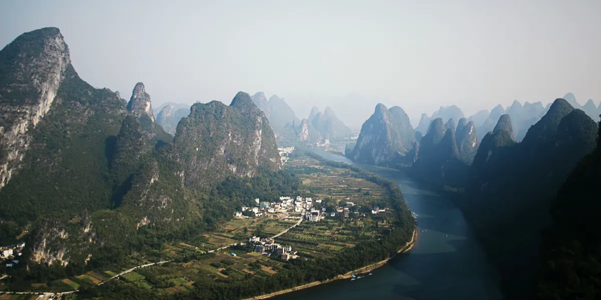 Aerial view of the river and karst peaks of Yangshuo, Guangxi