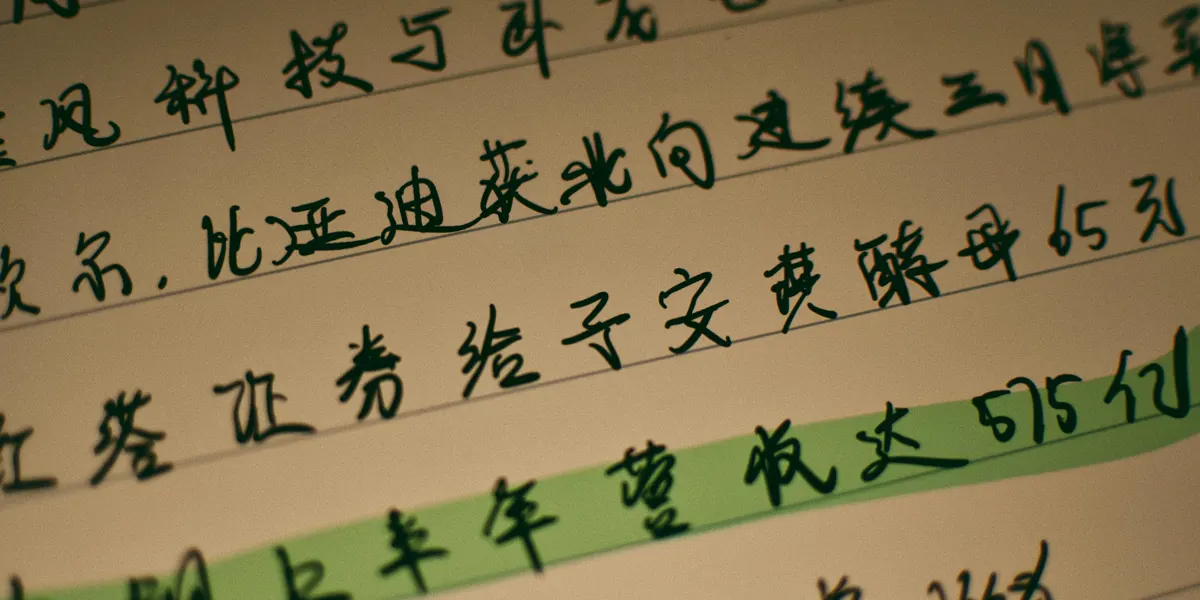 Notebook with handwritten Chinese vocabulary and a line highlighted in green